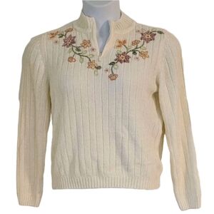 VTG Alfred Dunner PS Beaded Embroidered Cream Chenille Floral Grannycore Sweater